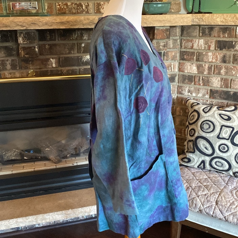 ARTISAN ANNA CARLSON amazing linen appliqué embroidered jacket!! Size M oversize - Picture 8 of 15